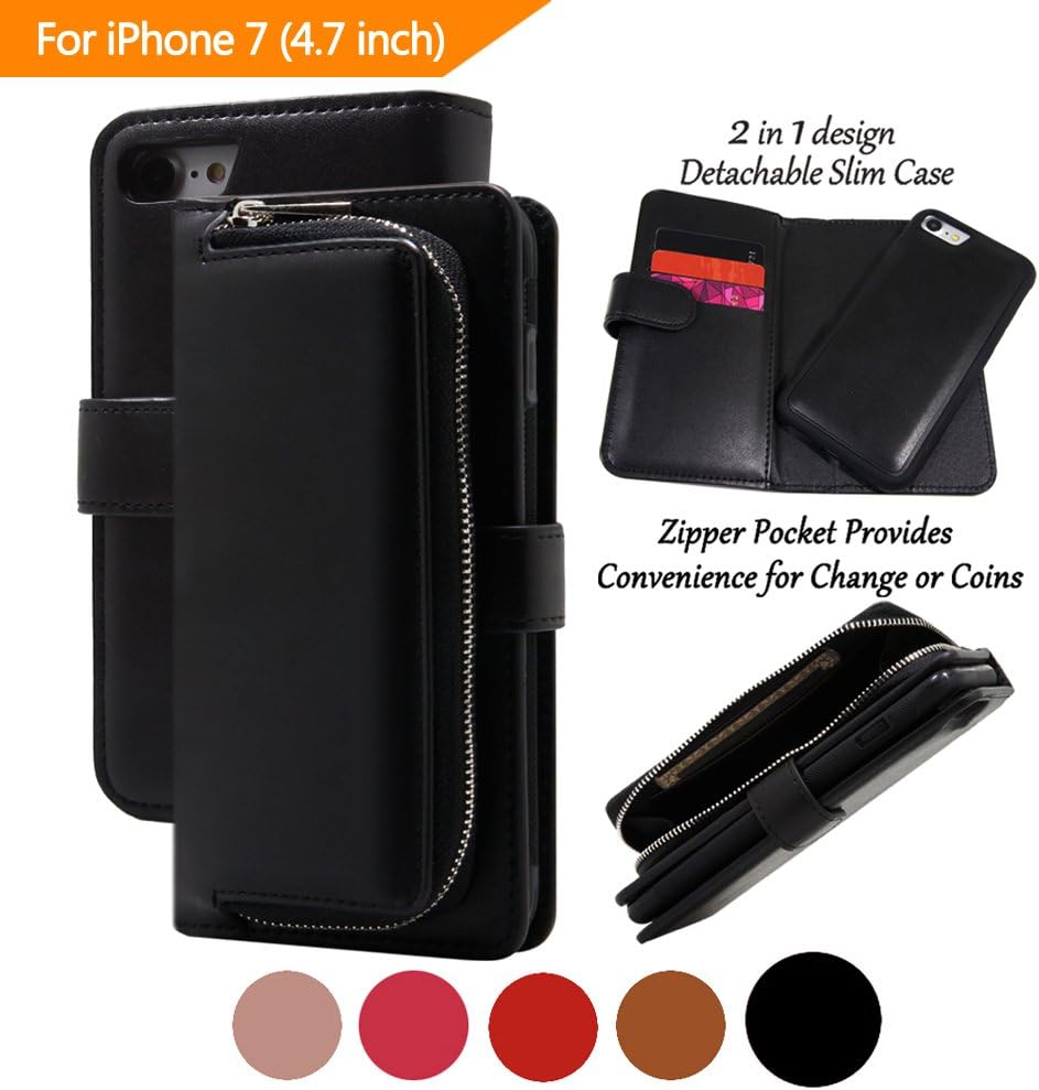 iPhone 7 Wallet Case for Women with Magnetic Detachable Slim Case and Front Zipper Pocket for Changes, 4 Card Slots, Made with Premium Faux Leather in Black-By Paraponera