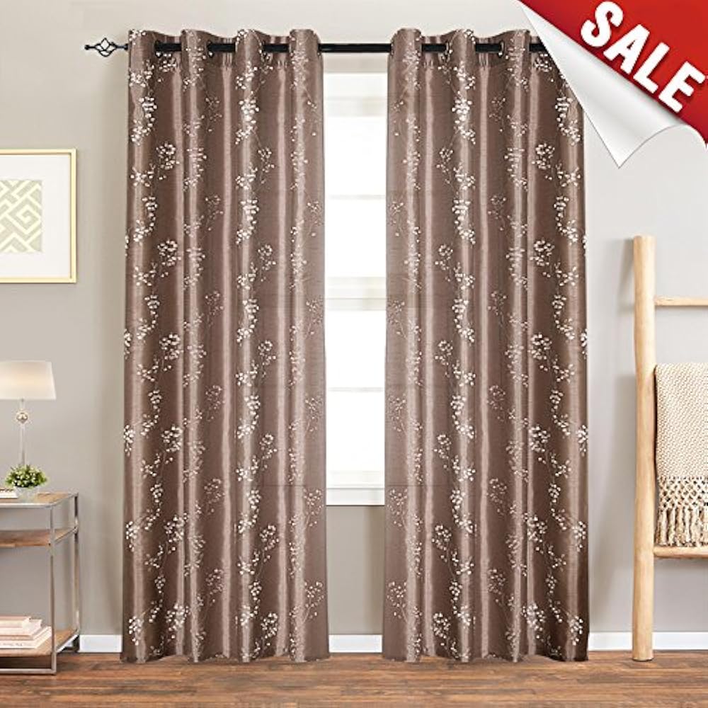 Faux Silk Floral Embroidered Grommet Top Curtains For Bedroom 84 Inches