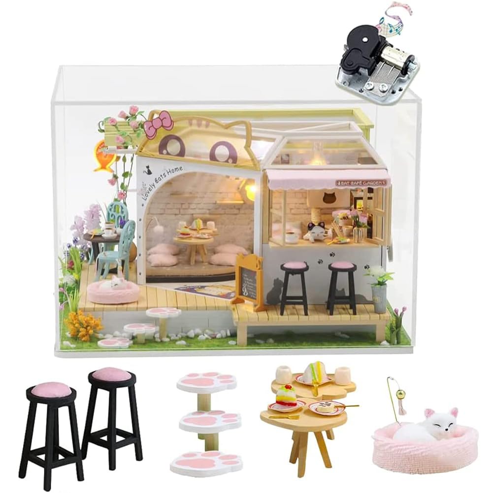 DIY Music Dollhouse With Dust Cover Miniature Cat Coffee Shop 3D Model Kits Wooden Dolls House Furniture Lights Accessories Birthday Xmas Gift For Boys Girls (Music Cafe With Dust Cover)