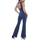 Sexyshine Women's Lapel V Neck Sleeveless Slim Fit One Piece Denim Jumpsuit Zipper Up Full Length Jeans Rompers Overalls