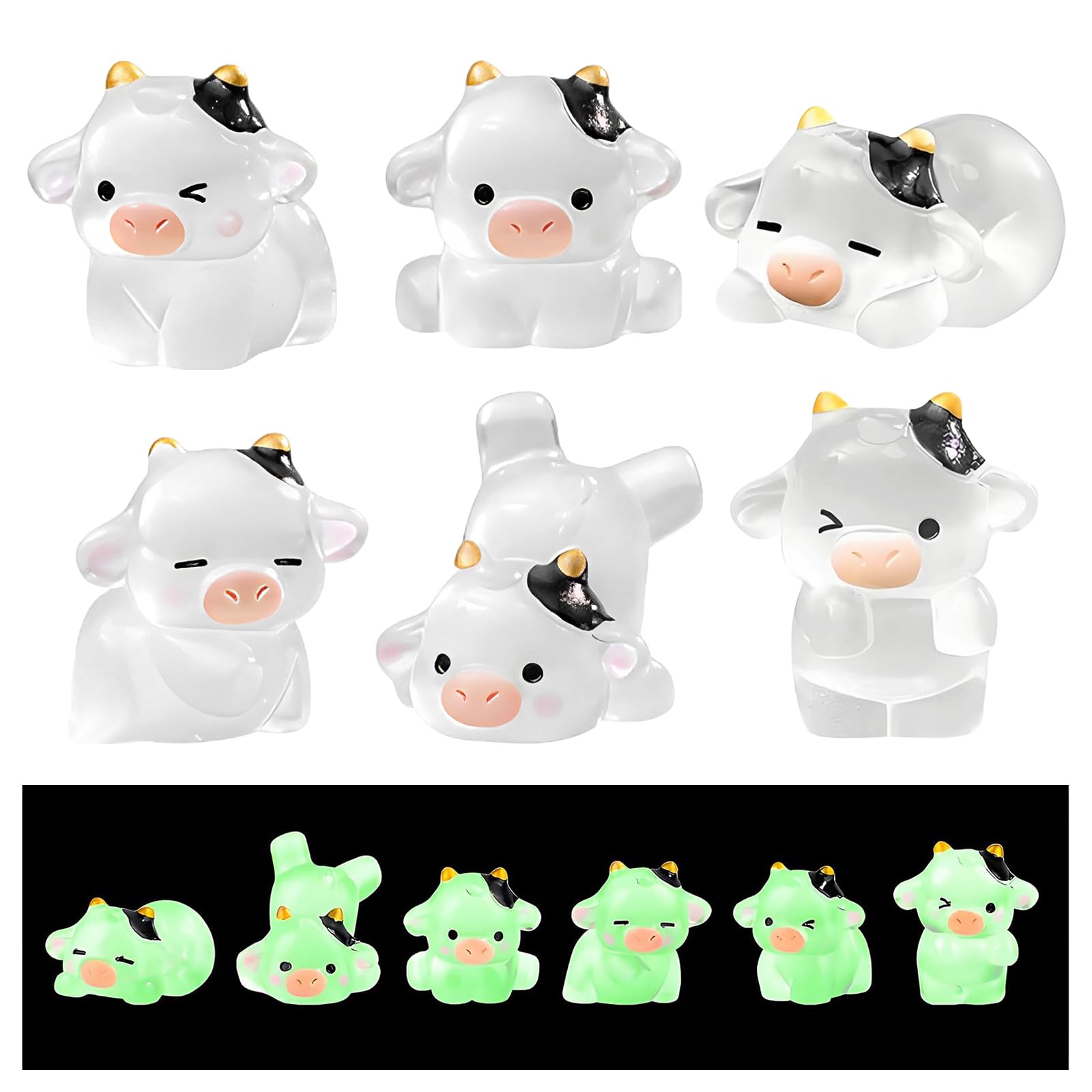 Mini Cow Figurines – 12 PCS Glow-in-the-Dark Resin Tiny Animals – Tiny Decorative Figurines for Fairy Garden, Dollhouse, Cake, Party & DIY Crafts - Mini Resin Animals for Home & Crafts