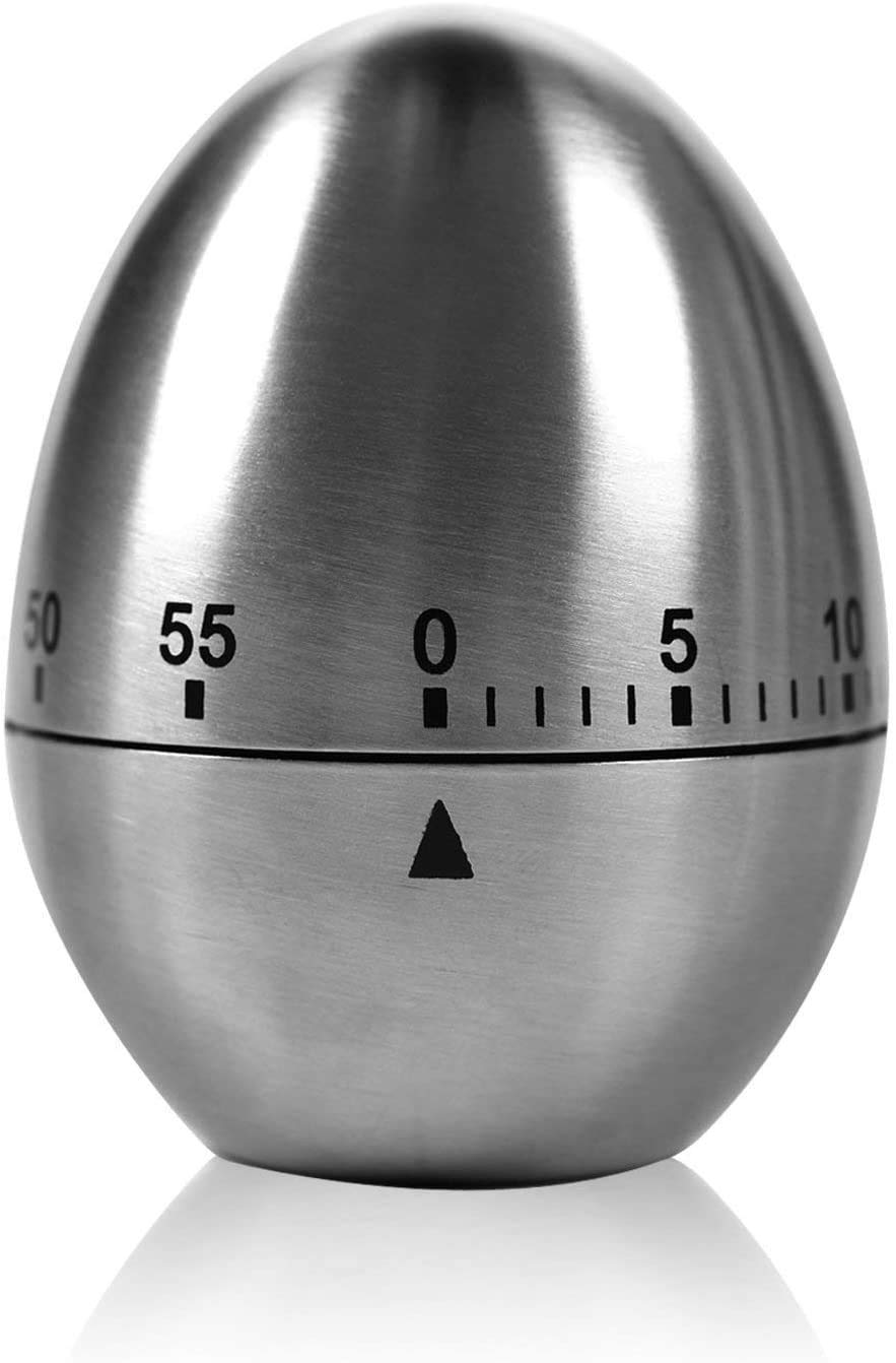 YIQI Stainless Steel Kitchen Timer, Egg Shape, Up to 60 Minutes, Mechanical Drive, No Batteries Required