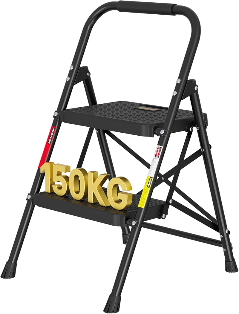 BONTEC 2 Step Ladder Folding Steel Step Stool 150kg Anti-Slip Pedals