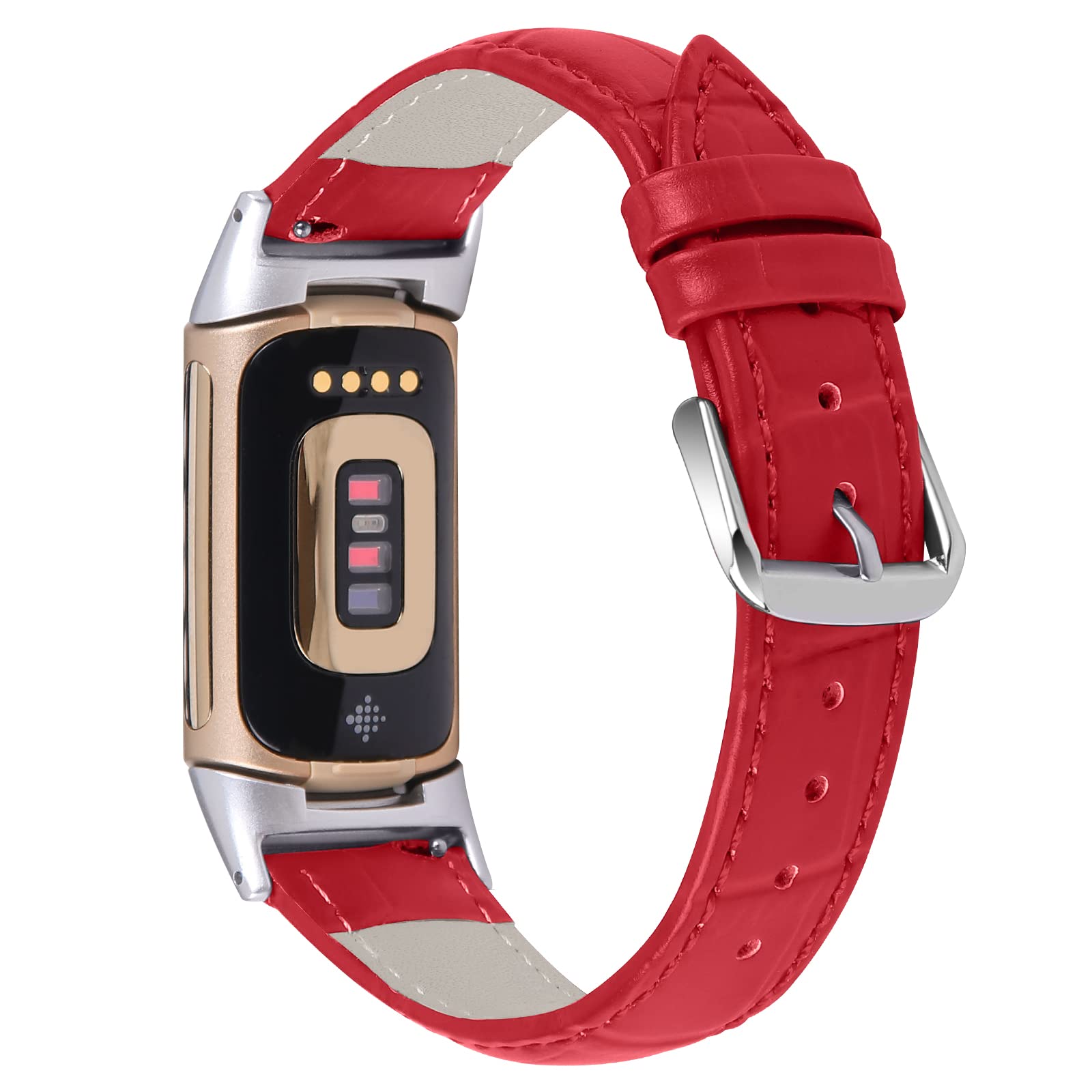 AISPORTS Leather Strap Compatible with Fitbit Charge 6/Charge 5 Strap for Women Men, Soft Breathable Leather Sport Wristband Metal Buckle Clasp Bracelet Replacement Band for Fitbit Charge 6/5