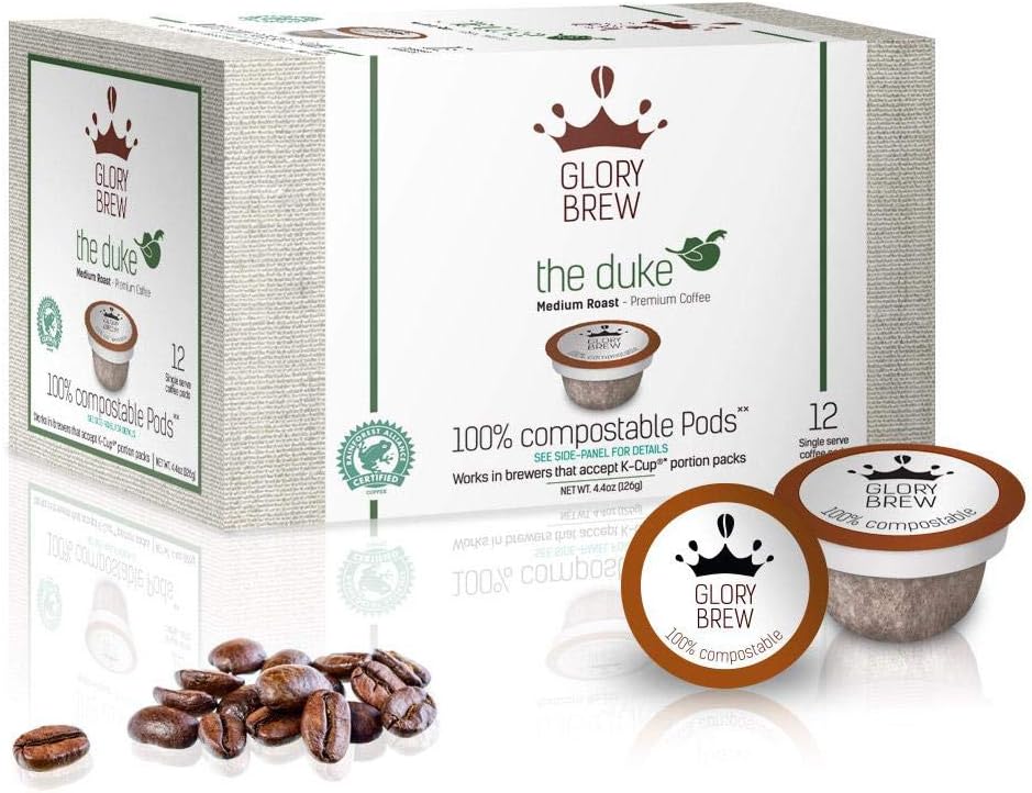Glorybrew72 Compostable Keurig KCup Coffee Pods I Premium Compatible K Cups Coffee I The Duke I Medium Roast I Biodegradable I Rainforest Certified