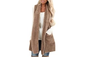 ReachMe Womens Sleeveless Sherpa Vest with Pockets Lapel Open Front Fleece Cardigan Sweater Fuzzy Jacket Coat