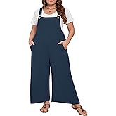 AusLook Plus Size Women's Adjustable Straps Jumpsuits Casual Loose Wide Leg Overalls with Pockets