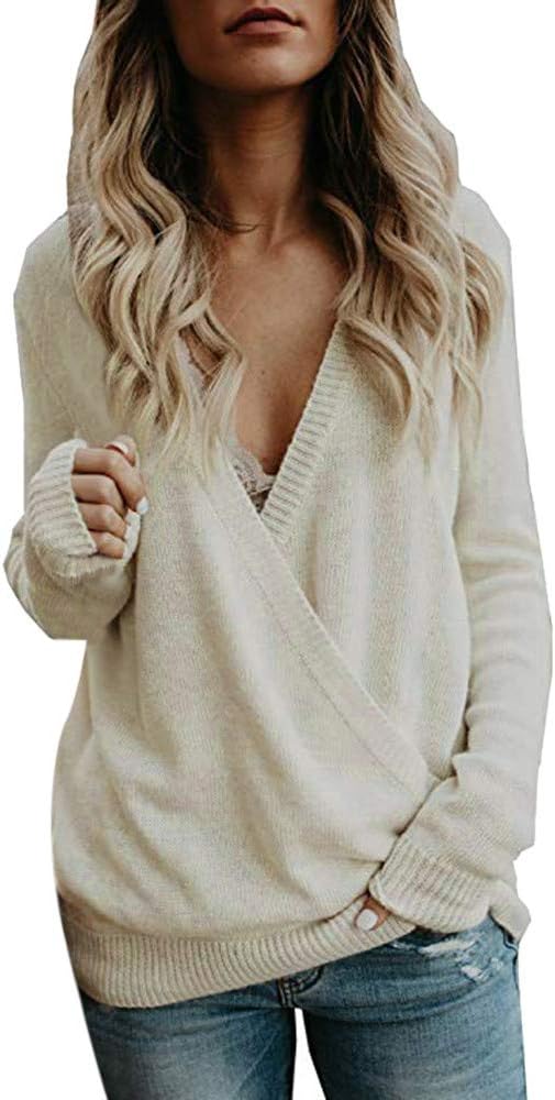 LSAltd Women Sexy Solid Long Sleeve Cross Front Low-Cut V Neck Knitting Tops Loose Sweater Pullovers