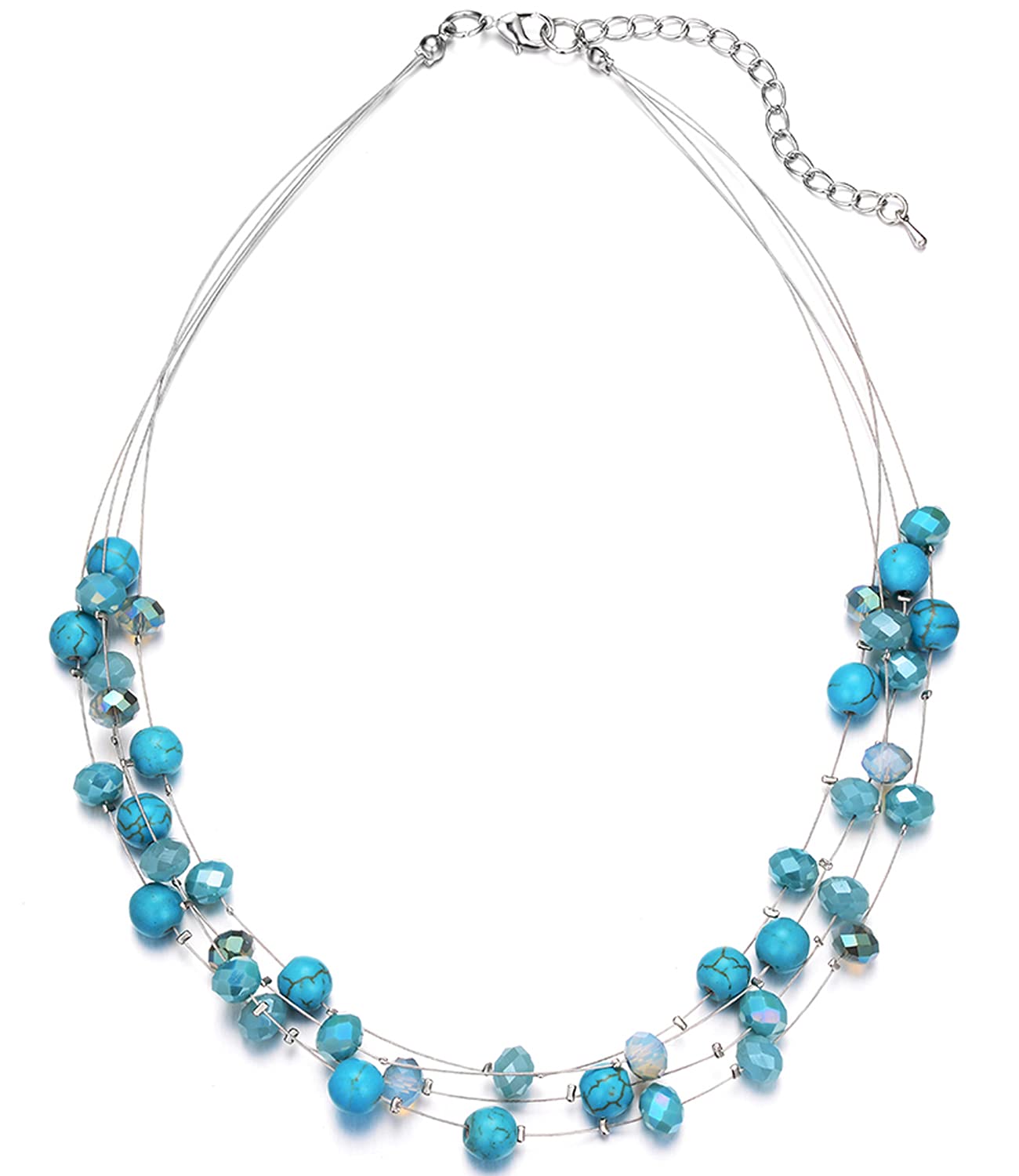 BULINLIN Crystal Layered Statement Necklace for Women, Shell Choker Necklace with Chunky Silver Metal Fashion Jewelry Gifts for Her (Turquoise)