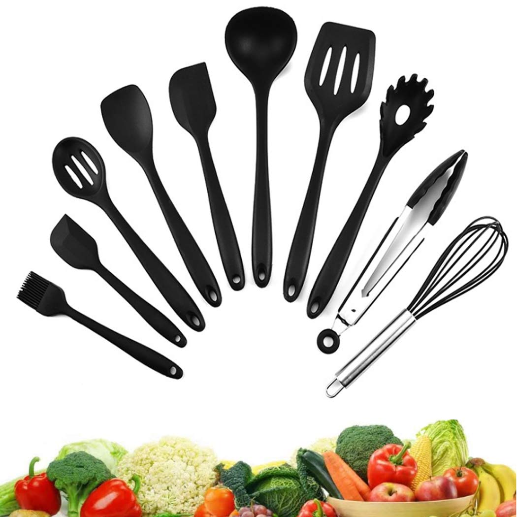 Hoshen 5-Color Style 10-Piece Kitchen Utensils Non-Stick Pan Silicone Kitchenware Heat-Resistant Spatula Set Cooking Spatula - Black