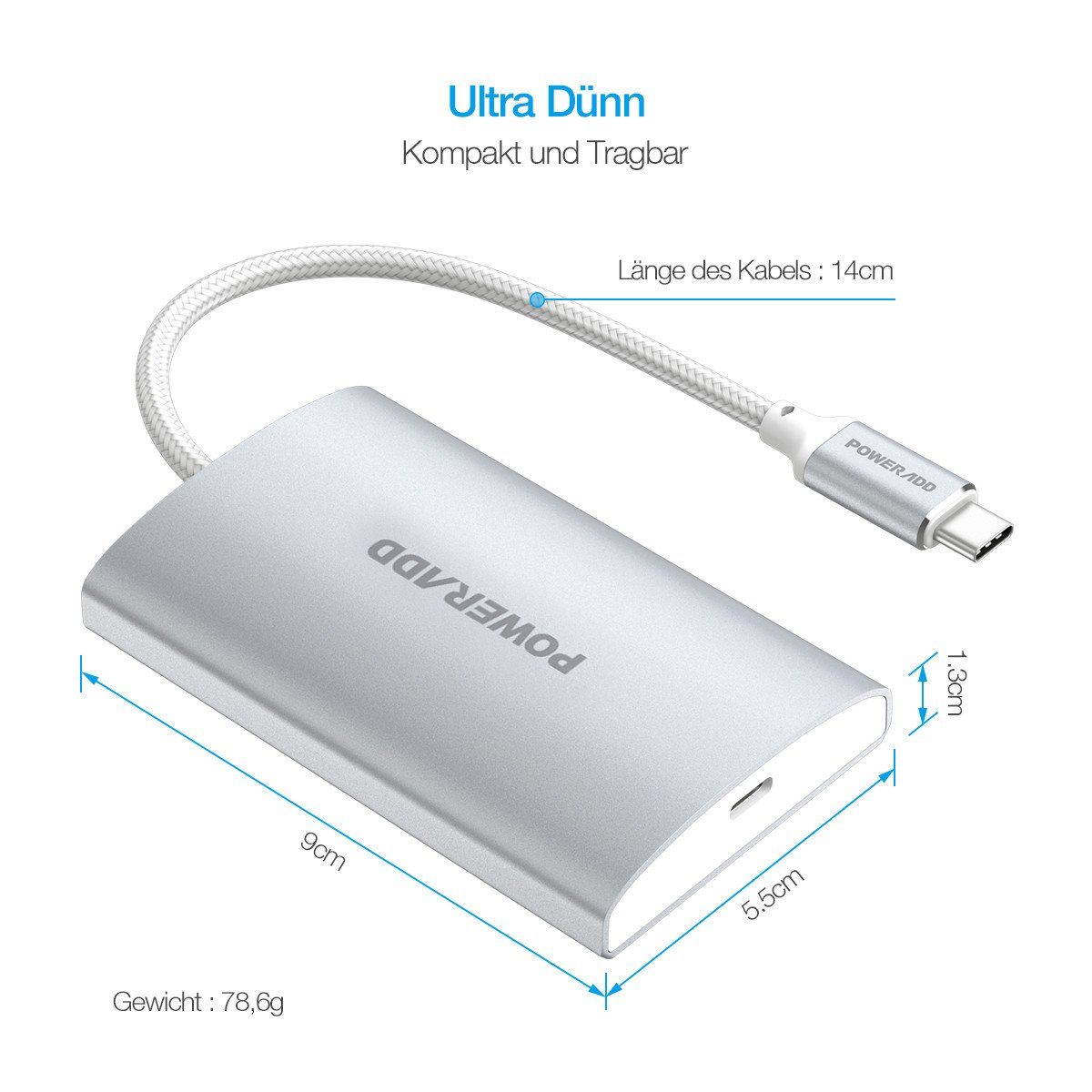 POWERADD Type C Hub USB 3.0 Super Speed Datengeschwindigkeit, für MacBook, Phones, USB Flash Drive,PC (3ports) mit PD
