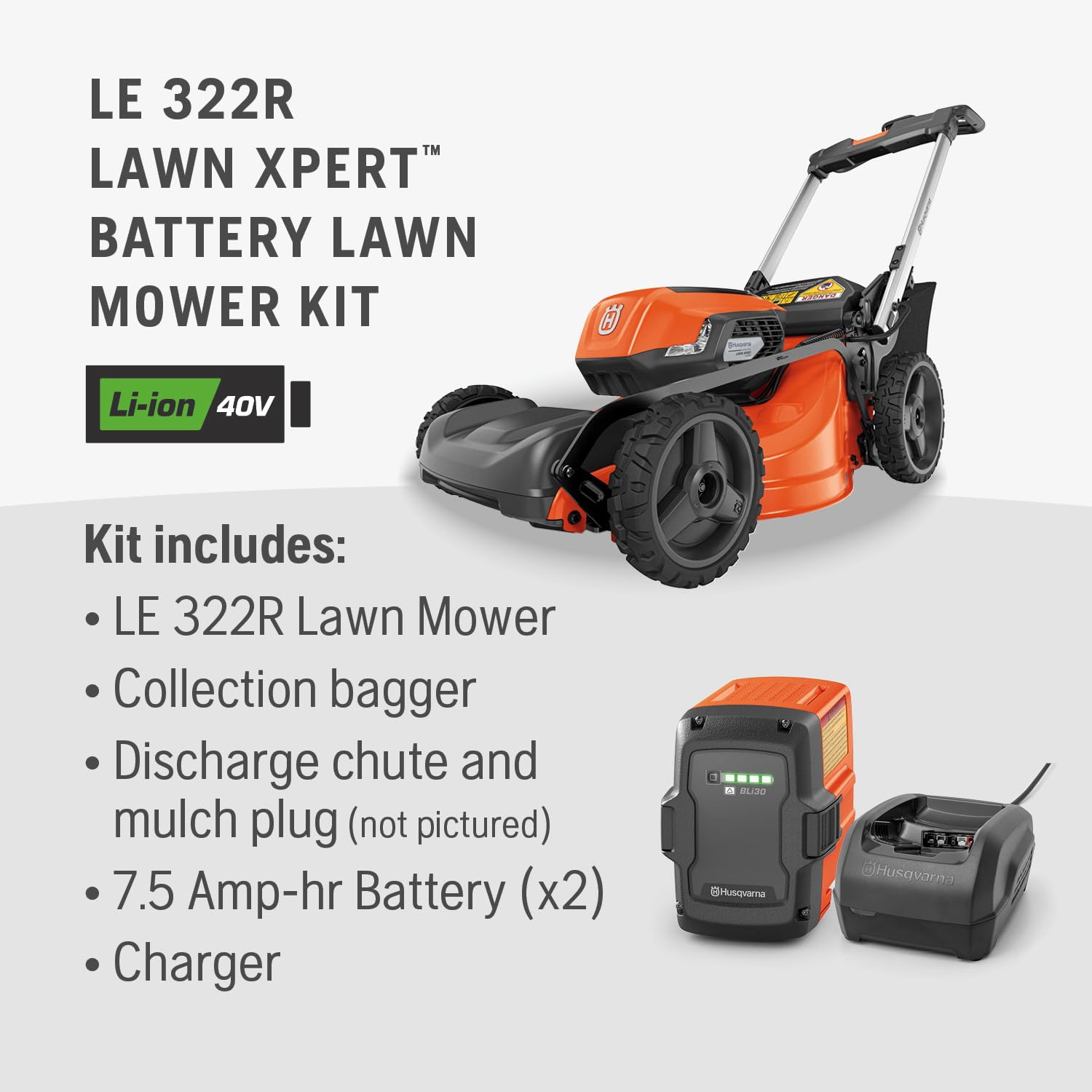 Husqvarna Lawn Xpert LE-322R Battery Powered Self Propelled Lawn Mower with Brushless Motor, Electric Lawn Mower for Small Yards (1/4-1/2 Acre), 40V Lithium-Ion Battery and Charger Included