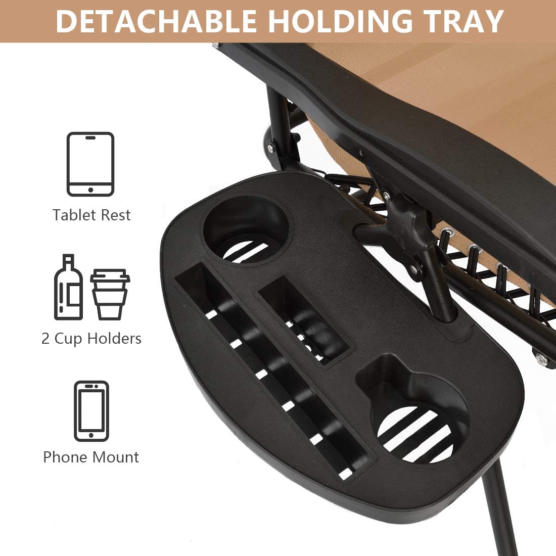 Patio Watcher Oversized Zero Gravity Chair Folding Recliner Chair with Cup Holder Accessory Tray and Removable Pillow for Outdoor Yard Porch Beige 1 Chair : Garden & Outdoor