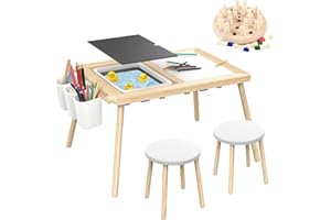 PIONEVOX Kids Table and Chairs, Kids Table and 2 Chair Set, Sensory Bin Table with Memory Chess, Toddler Activity Table with Toddler Drawing Board, Sensory Sand Table with Lid, Kids Art Table for Kids 2-5