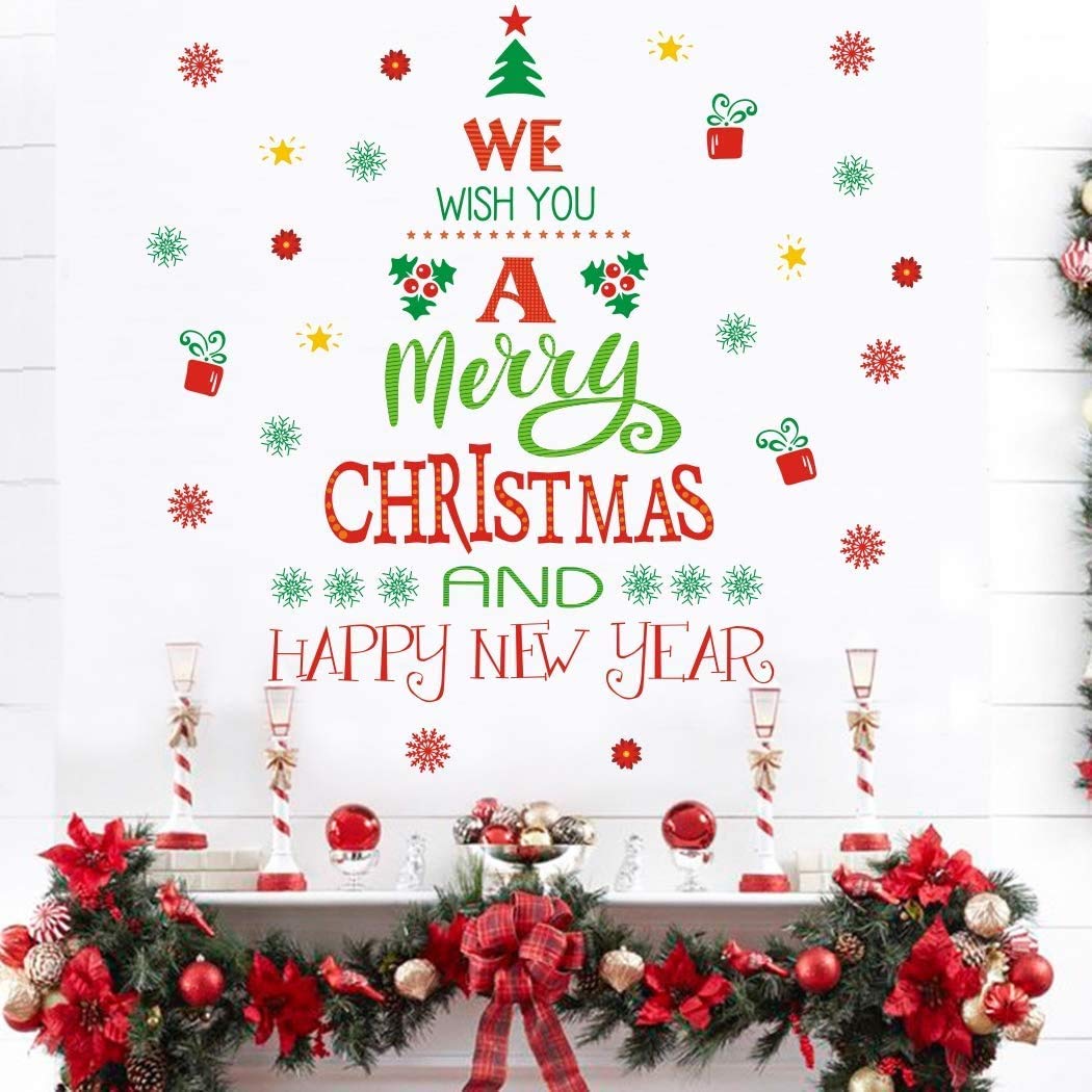 Merry Christmas Quotes Wall Decals(43 decals), Happy New Year Quotes Stickers, Christmas Tree Mistletoe Stars Fireworks Candle Snowflake Wall Art for Christmas Party Supplies Window Clings Door fridge