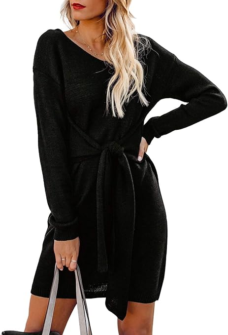 Acelitt Womens Winter Casual Long Sleeve Round Neck Knit Sweater Dress Tie Waist Mini Dresses Black Medium