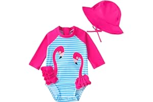 WOLBAY Baby Girl Swimsuit Long Sleeve One Piece Rash Guard with Sun Hat Zipper Bathing Suit Size 0-2T