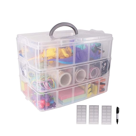 SUITUS 3Tier Plastic Organizer Box with Adjustable Dividers, Clear