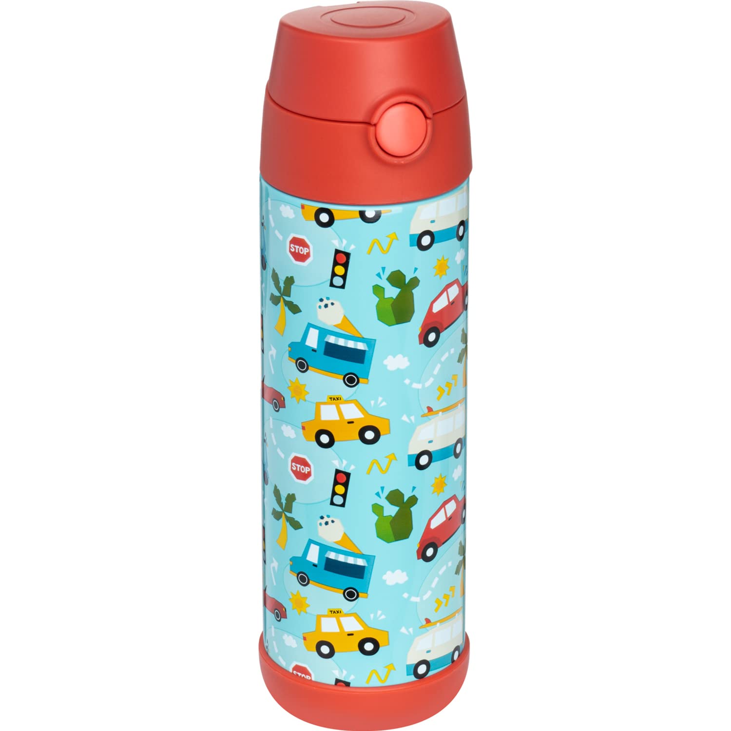 Snug Kids Flask - Stainless Steel Insulated Water Bottle with Straw for Children/Toddlers (Girls/Boys) - Cars, 500ml