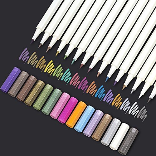 Metallic Permanent Markers-(15 Colors/Set), Calligraphy Brush Marker Pens, Painting Pen for Black Paper, Rock Painting, Mug Design, DIY Craft Kids &amp; Album(Brush Tip)