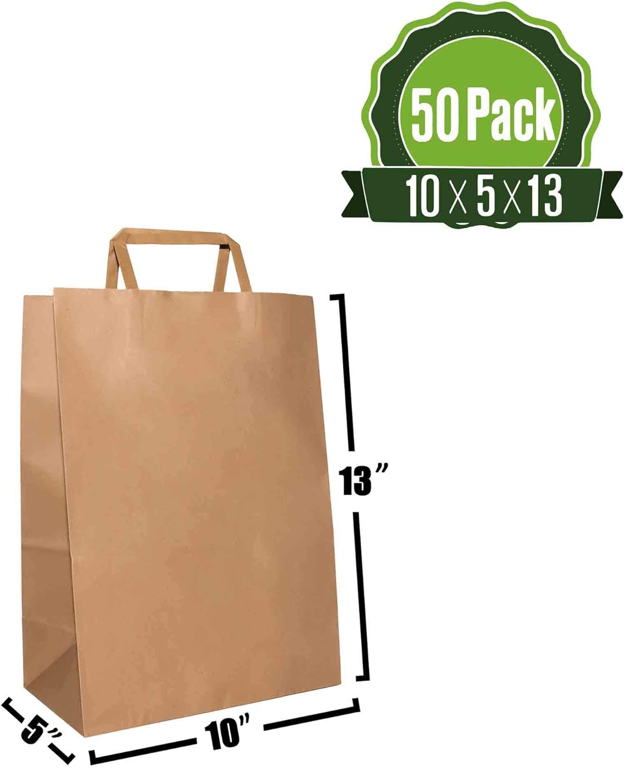10 X 5 X 13 Brown Kraft Paper Gift Bags Bulk with Flat Handles [50Pc]. Ideal for