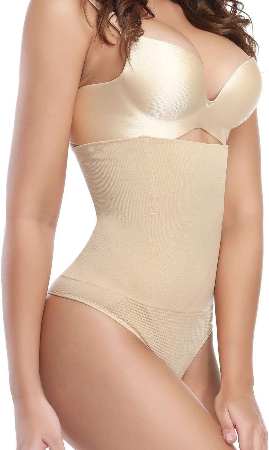 LANFEI Women Shapewear Hi-Waist Tummy Control Thong Waist Trainer Panties Seamless Body Shaper Shorts Beige