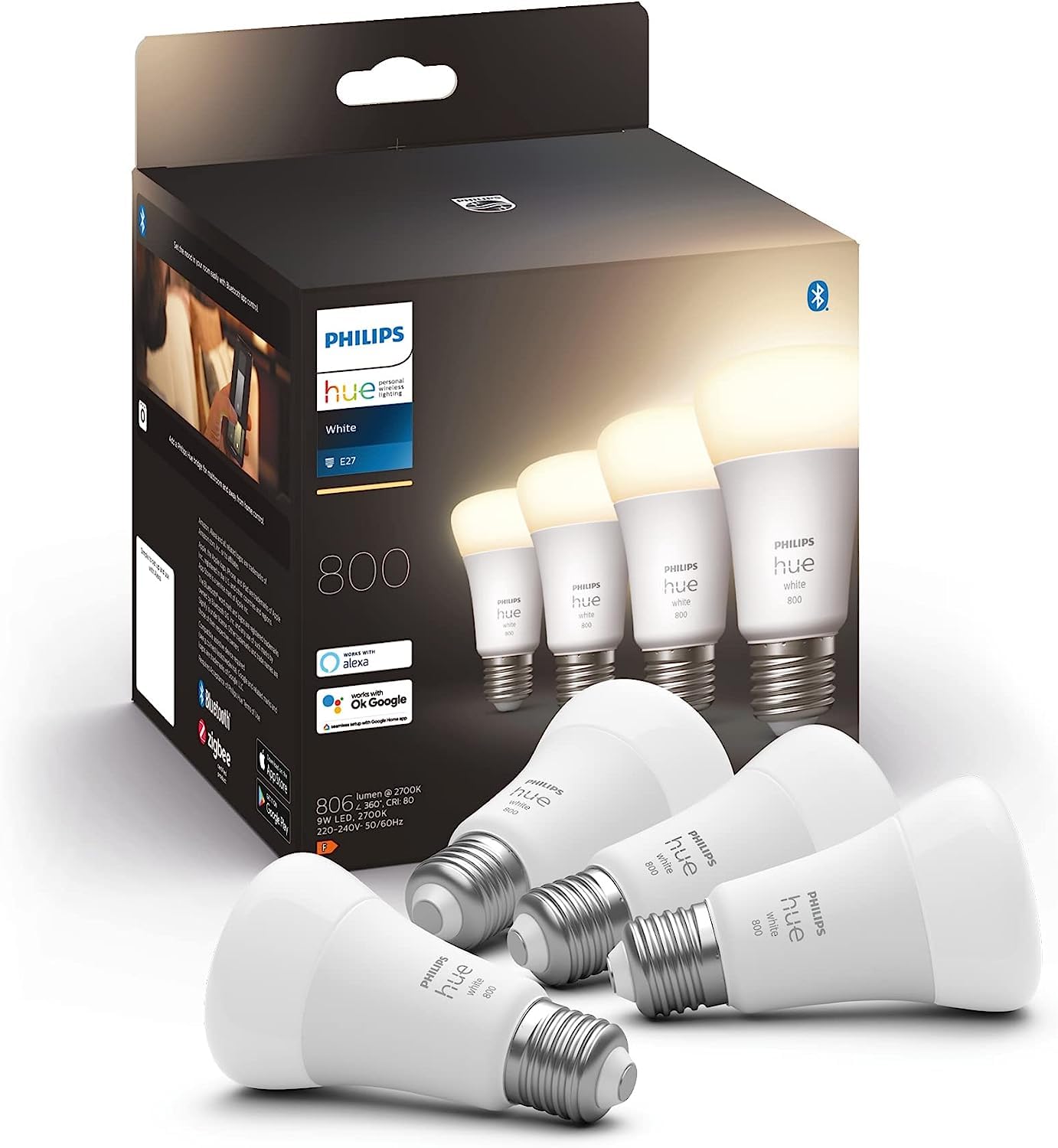 Philips Hue White Smart Bulb LED 4 Pack [E27 Edison Screw] - 800 Lumens (60W Equivalent). Works with Alexa, Google Assistant and Apple Homekit