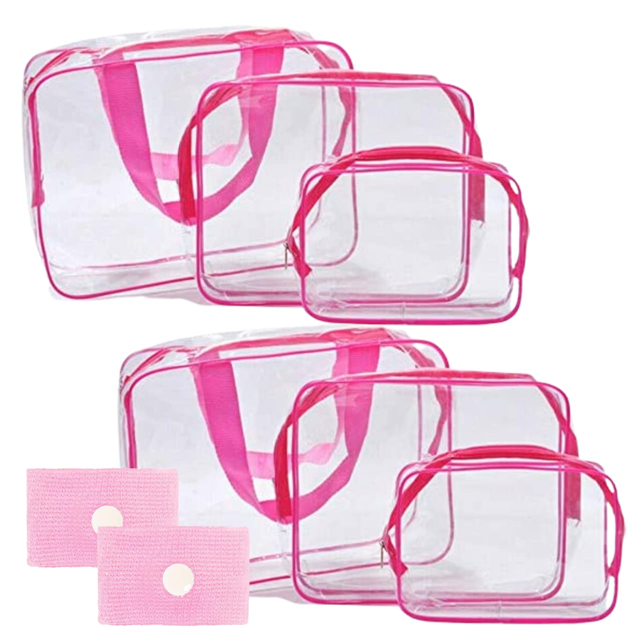 Clear Travel Toiletries Bag Set GLAMZA® Travel Toiletry Bag Set of 6 PVC Bags for Men & Women x2 Small, x2 Medium & x2 Large - Ideal Wash Bag Set for Makeup Plus Travel Bands (Pink)