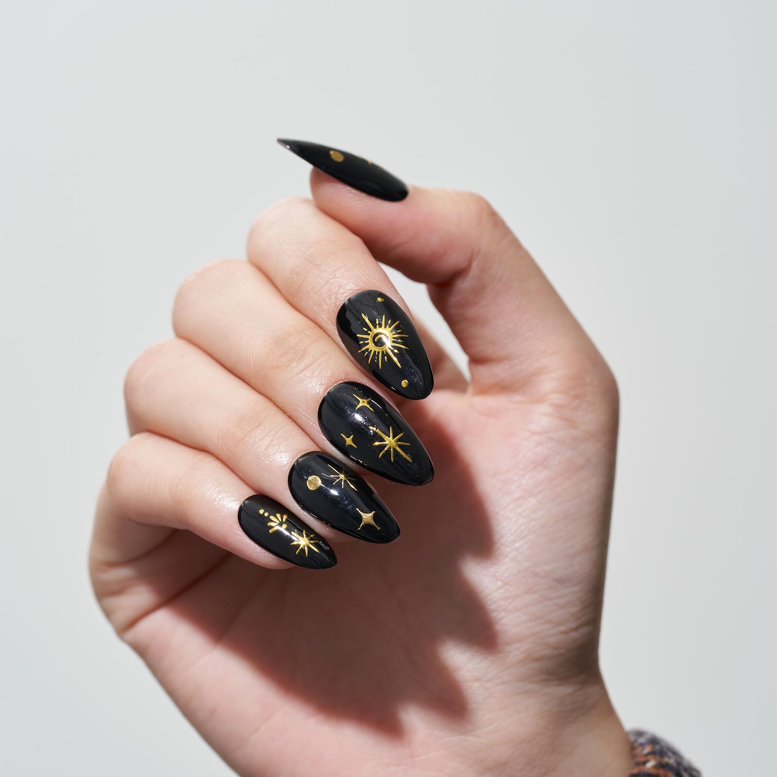 GLAMERMAID Press on Nails Medium Almond, Handmade Gothic Star in Black Gel Glue on Nail, 24Pcs Glossy Short Stiletto Reusable UV Finish Fake Nails Acrylic False Nails Manicure Kits for Women - Image 4
