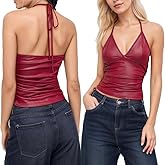 Fuimsul Women Sexy Pu Leather Tie Back Halter Top Summer Slim Fit Ruched Side Deep V Neck Sleeveless Backless Cami Shirt