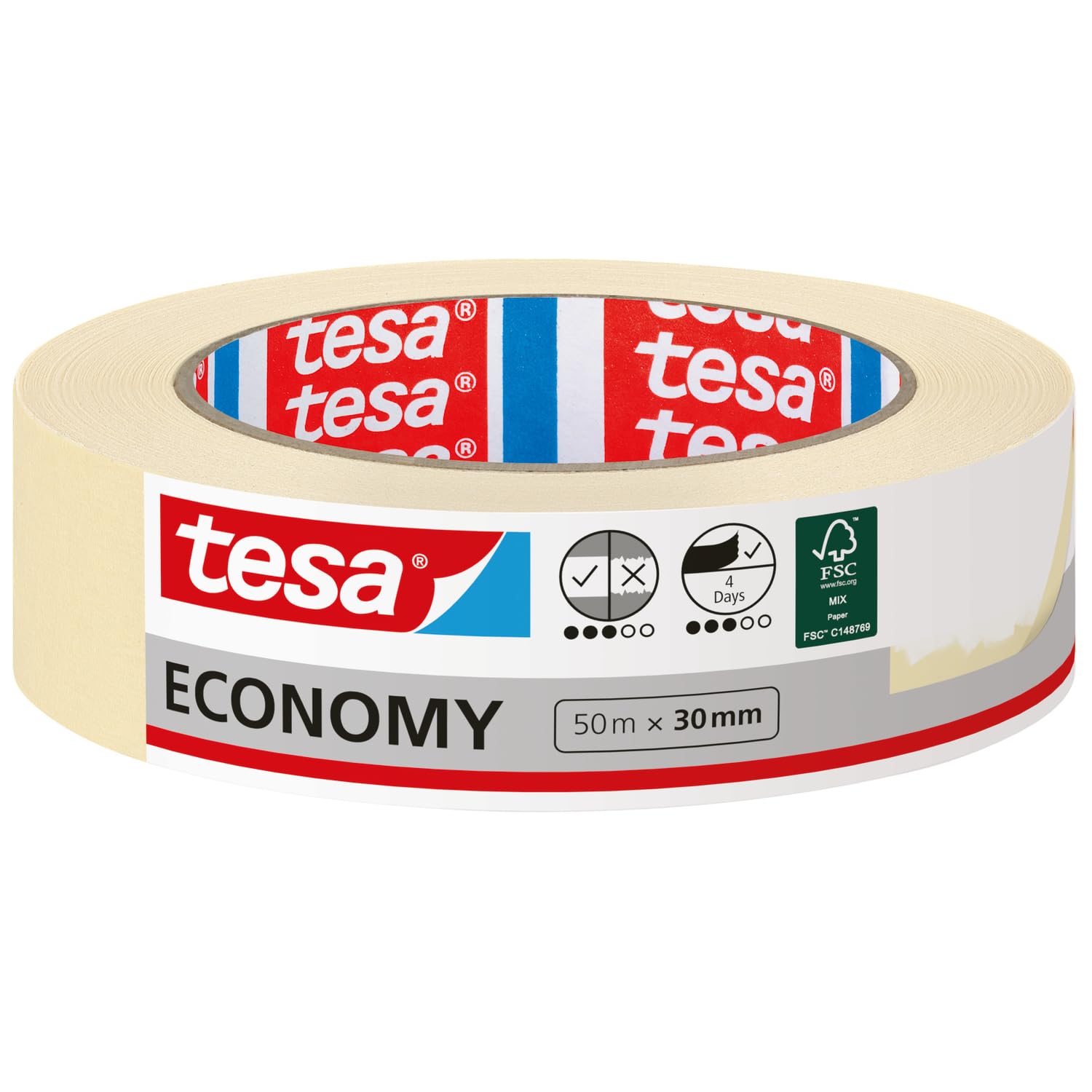 tesa Masking Tape Universal EcoLogo - Painters Tape, 4 Days Residue-Free Removal, Without Solvent - Narrow, 50 m x 30 mm — image 1