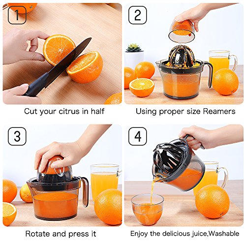 Citrus Juicer,Orange Lemon Manual Squeezer Hand Rotate Lime Press Juicer,Anti-Slip Non-Marking Silicone Base and Ergonomic Handle,Multi-Size Reamers,17-Ounce Capacity,Black(Free Sent A Sticky Notes)