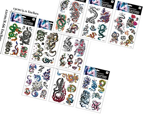 Assorted 9 Sheets Temporary Dragon Tattoos Chinese Character Waterproof Stickers for Kids Men Party Favors