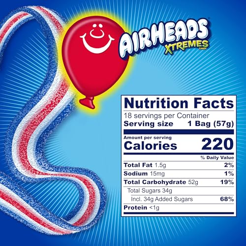 AIRHEADS XTREMES BELTS CANDY, CHEWY CANDY PACKAGE, BLUEST RASPBERRY FRUIT FLAVOR ARTIFICIALLY FLAVORED, 2 OUNCES (18-PACK)