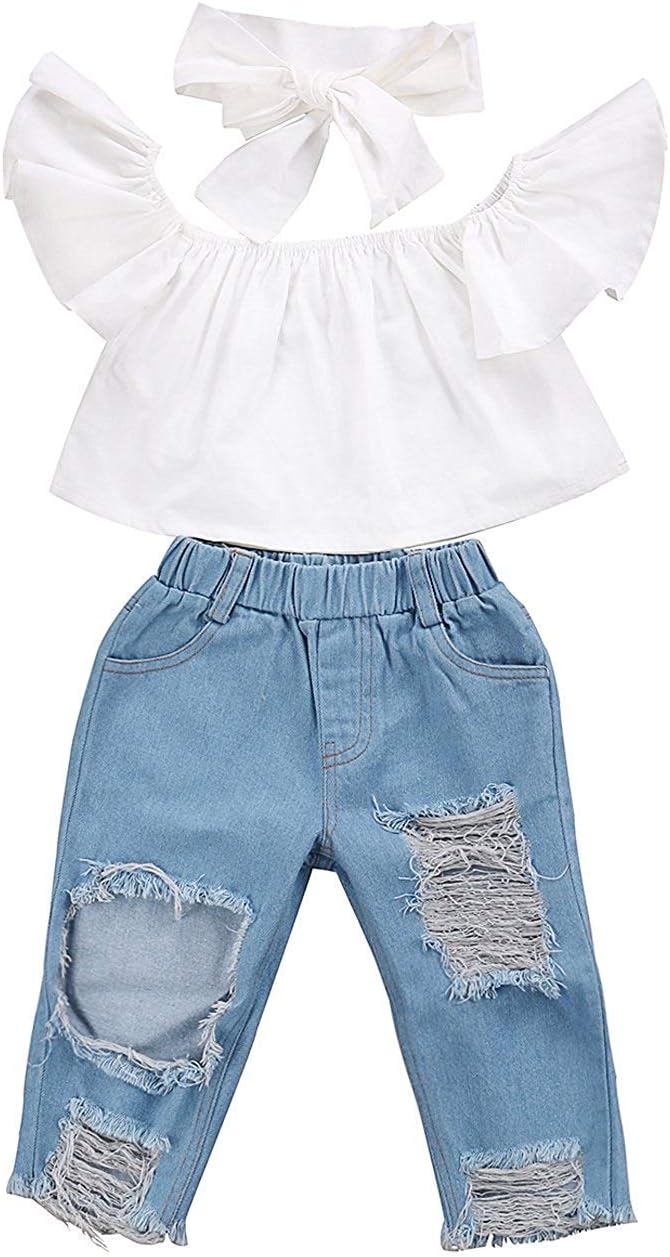 3Pcs Toddler Baby Girls Off Shoulder ShirtTop+Hole Denim Pant with Headband Outfit Set