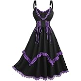 DRESSFO Women Lace Up Contrast Piping Ruffles Layered Textured A Line Tank Dress
