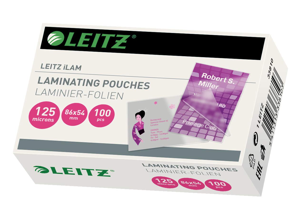 Leitz 33810 Laminating Pouches Made of 125 Micron Thick Material (Transparent, Glossy, Credit Card) - Pack of 100