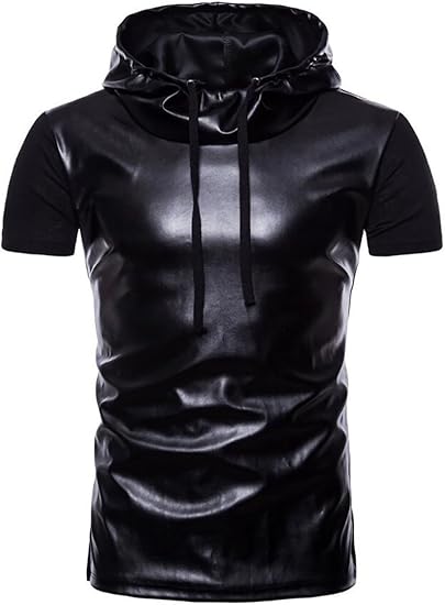 Amazon Co Jp Yyg メンズファッションフィットフード付き半袖puレザーシャツトップススペルサマーティー 服 ファッション小物