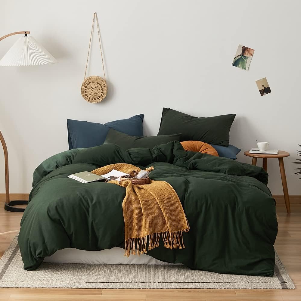 AMWAN Dark Green Jersey Knit Cotton Duvet Cover Twin XL Boho Olive Green Comforter Cover Luxury Soft T Shirt Cotton Bedding Sets Solid Color with Zipper Closure 4 Ties