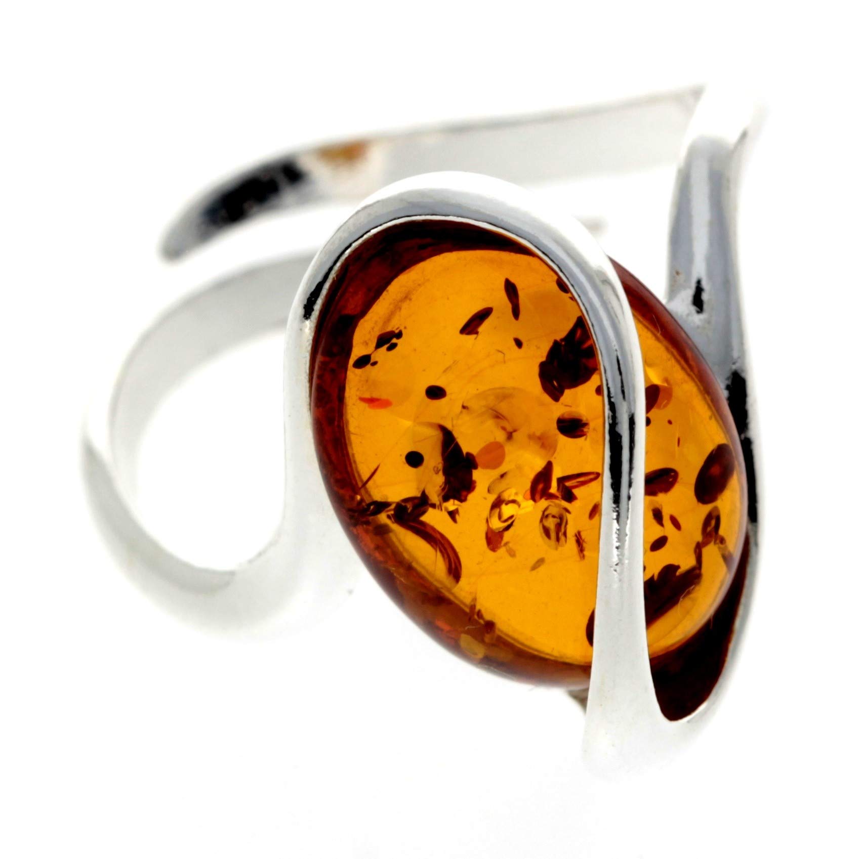 Genuine Cognac Baltic Amber & 925 Sterling Silver Modern Designer Adjustable Ring - GL477A