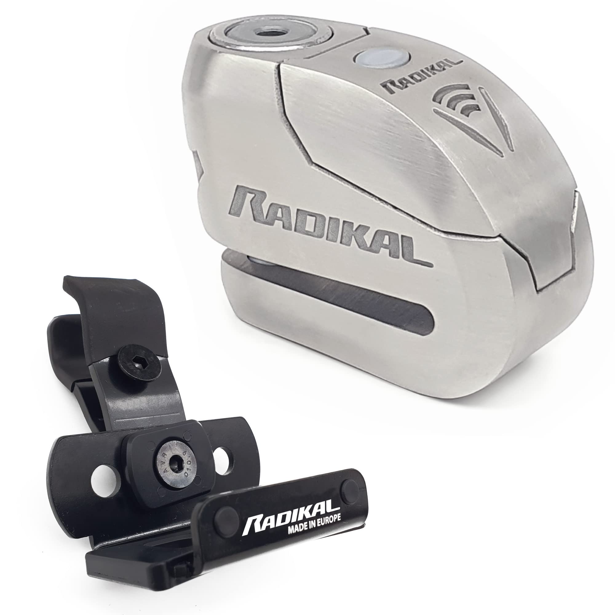 RADIKAL RK14S+RK402 Approved Alarm Disc Lock Motorcycle with Transport Bracket, Hardened Stainless Steel Double Locking, High-End Alarm System with Warning Optional Activation, LED Alert 14mm/0.55in