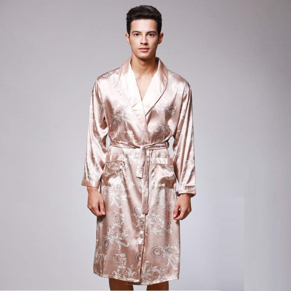 TONGS Nightgown Single-Piece Sleeved Men's Spring and Summer Silk Dressing Gown Home Service Simple Wild Soft Texture / A3 / XL
