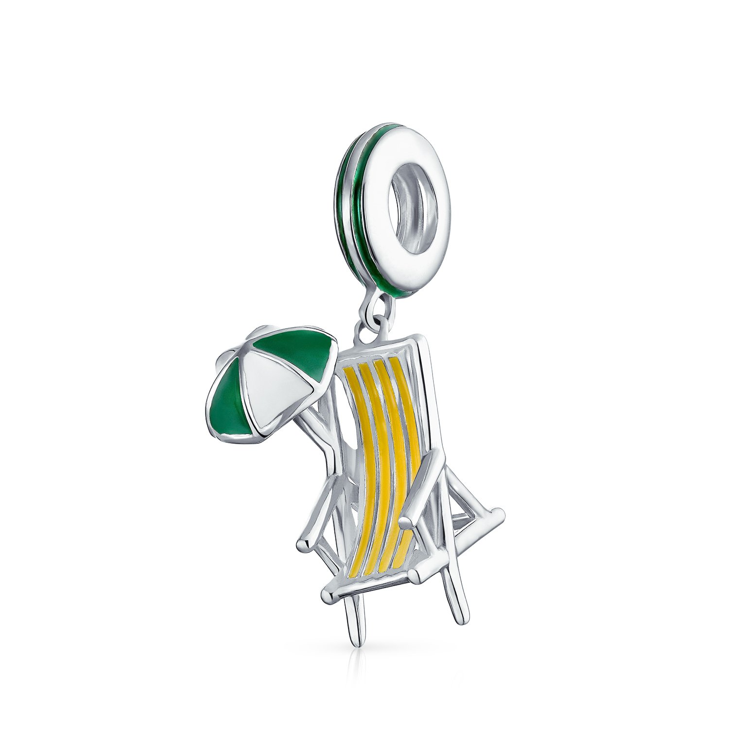 Bling Jewelry Tropical Vacation Travel Colorful Umbrella Beach Lounge Chair Dangle European Charm Bead For Women Enamel .925 Sterling Silver Fits European Bracelet