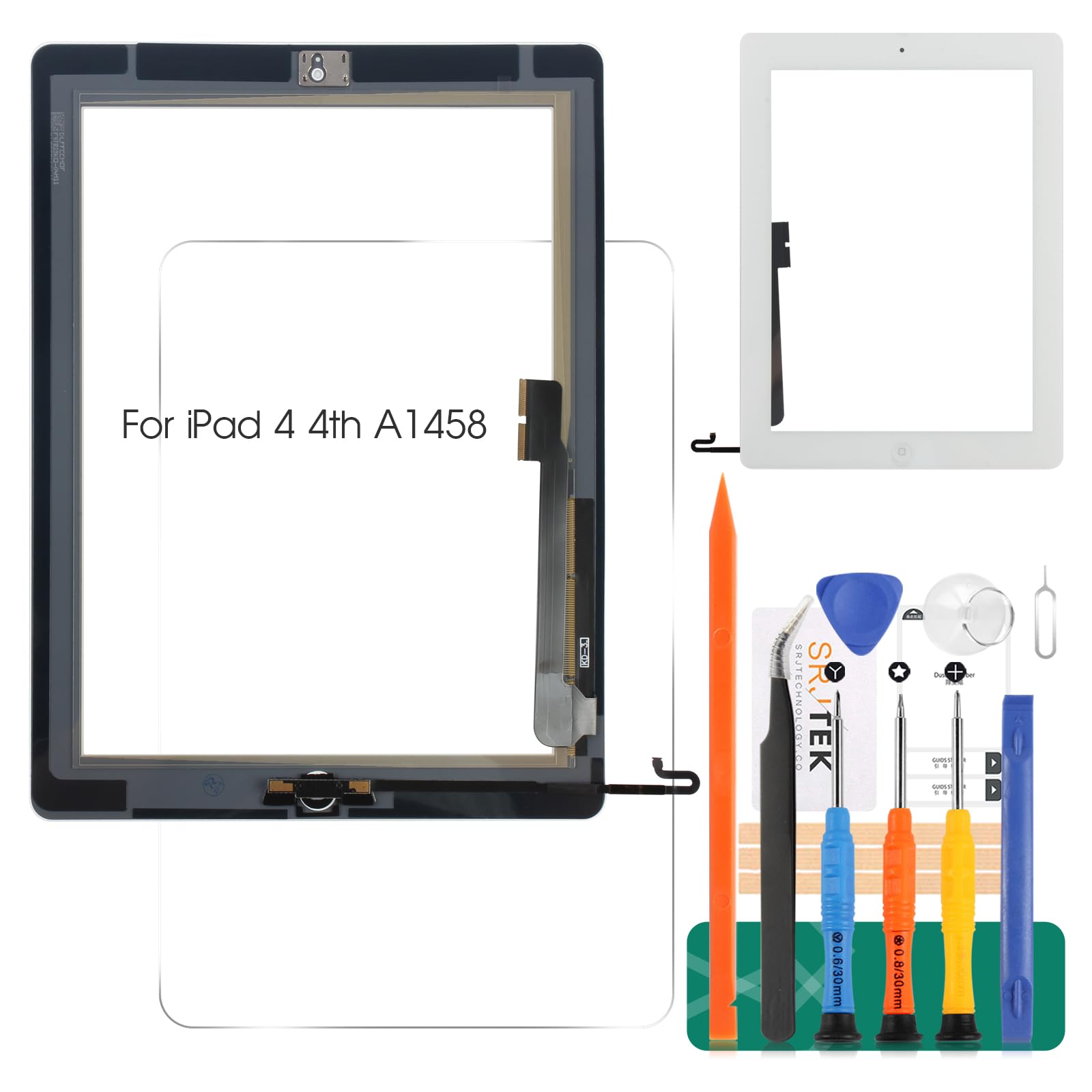 SRJTEK For IPad 4 Touch Screen Digitizer Glass Replacement,For iPAD 4 4th A1458 A1459 A1460 Touch Display Panel Repair Parts Kit,with Tempered Glass+Tools+Home Button(Not include LCD) (White)