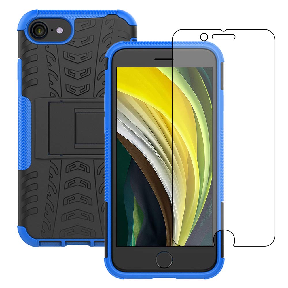 Yiakeng iPhone 8 Case, iPhone 7 Case with Screen Protector, Shockproof Silicone Protective with Kickstand Hard Phone Cover for iPhone SE 2020/7/8 (Blue)