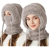 3 in 1 Beanie Hat with Scarf and Mask, Women's Outdoors Windproof Scarf Hat Winter Balaclava for Women, Warm Knitted Face Mask Hat (Grey)