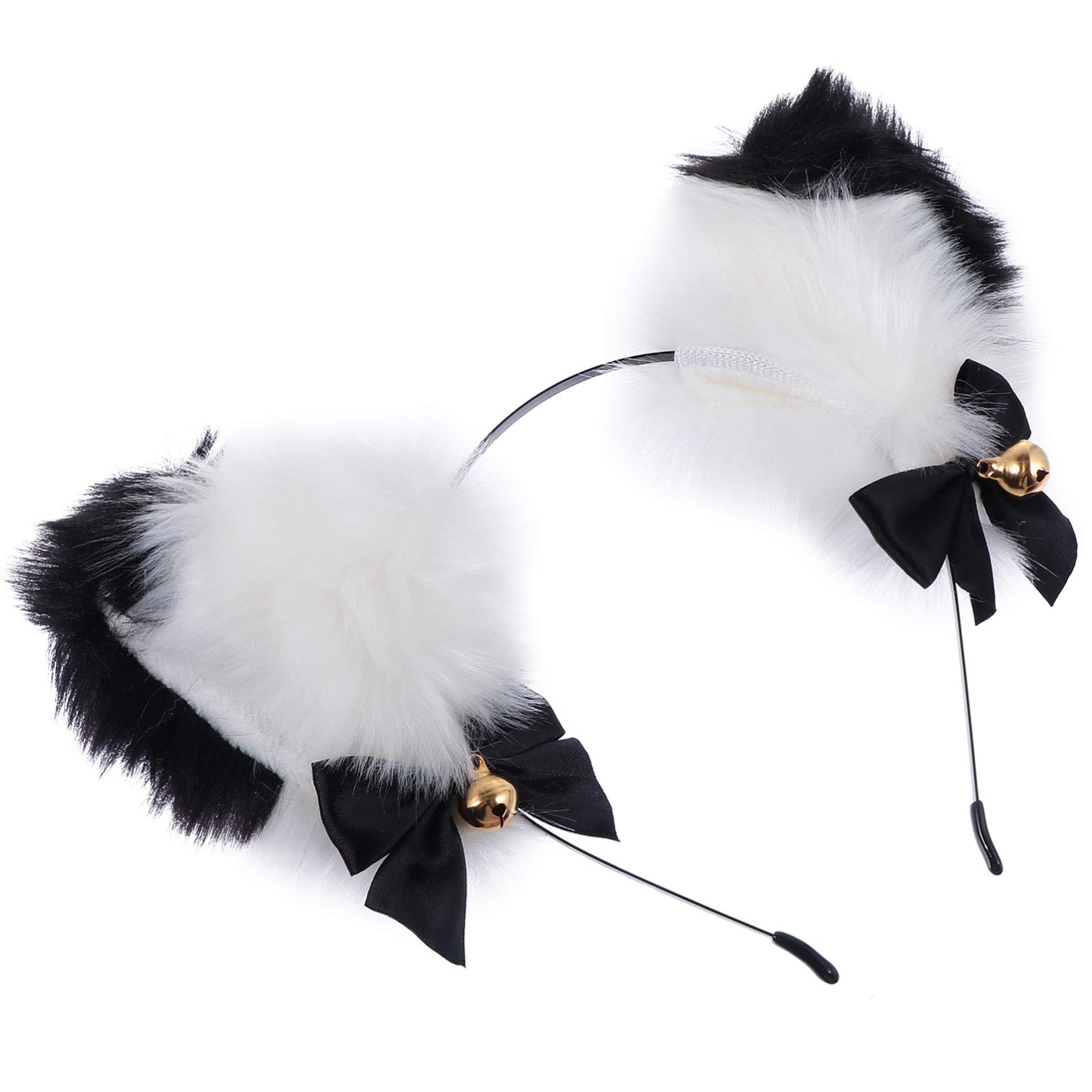 minkissy Faux Cat Ear Headband Plush Fluffy Fox Ear Hair Hoop with Bell Animal Cosplay Headwear Lolita Hair Accessories for Women Girls Adult Kids Black White