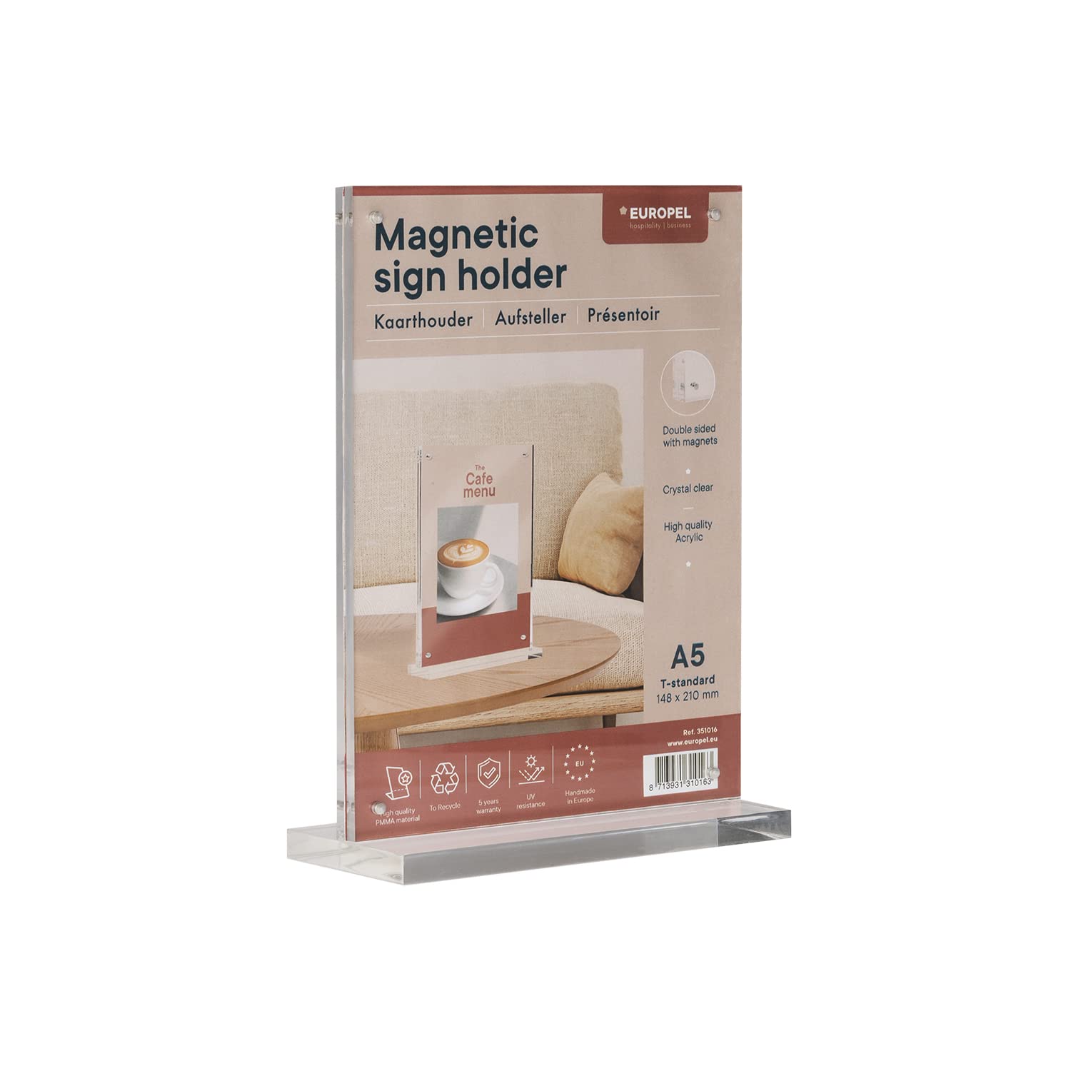 EUROPEL Luxe Magnetic Sign Holder, T-Standard, A5 Size Portrait, Acrylic as clear as glass, Menu & Leaflet Display Holder for Restaurants, Hotels, Conference & Reception – Free Standing & Double sided