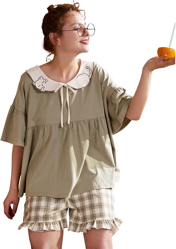 Amazon Sharry パジャマ レディース フリル 夏 綿 半袖 短パン ワンピース ルームウエア 寝間着 部屋着 緑 パジャマ ルームウェアセット 通販