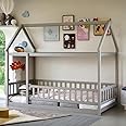 PVWIIK Twin Size Montessori Floor Bed with Roof & Fence for Boys Girls Bedroom,Twin Size Platform Solid Wood Bed Frame w/Safety Guardrails,Easy Assemble,No Box Spring Needed, Gray